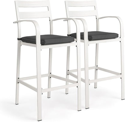 VINGLI Outdoor Bar Stools Set of 2, All-Weather Bar Height Aluminum Stools with 1.6" Thick Cushion, Rust-Proof Patio Chairs for Backyard, Poolside, Balcony & Kitchen Island (White)