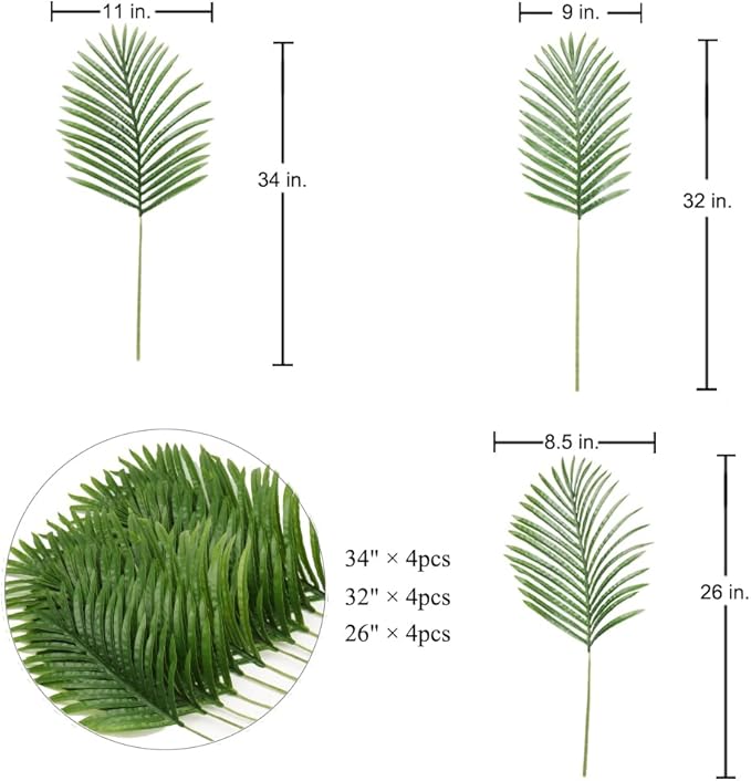 Artificial Plants Greenery Palm Leaves, 12 Pcs Bendable Tropical Fake Leaves
