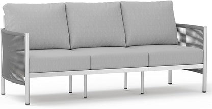 Aluminum Outdoor Patio Couch, 3 Seats HDPE Rope Patio Sofa with Washable Thick Cushion, All-Weather Patio Furniture for Balcony, Yard, Silver Frame, Silver