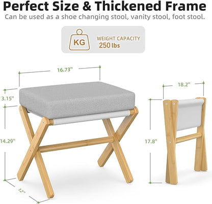 Foldable Foot Stool Ottoman, Modern Foot Rest with Bamboo X Legs & Thick Foam Cushion, Folding Foot Stools Small Padded for Bedroom Living Room, Footstool for Chair Couch (Natural - Grey)