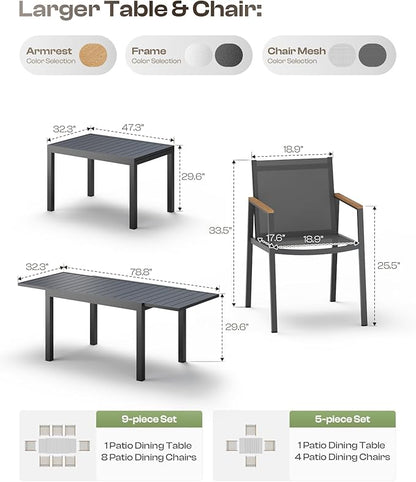 Expandable Outdoor Patio Dining Table Set for 6-8 Person, Aluminum Outdoor Table and 8 Chairs with Textilene Fabric & HDPS Armrest, All-Weather Patio Furniture Set for Yard, Deck, Gray