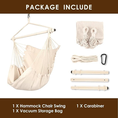 Highwild Hammock Chair Hanging Rope Swing - Max 500 Lbs - Steel Spreader Bar with Anti-Slip Rings - for Any Indoor or Outdoor Spaces (Beige)