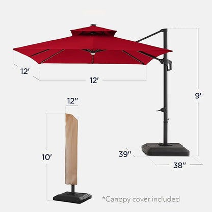 Best Choice Products 12x12ft LED Cantilever Patio Umbrella w/Base Included & 360° Rotation, Large Solar Offset Hanging Outdoor Sun Shade for Deck, Backyard Table w/Stand & Lights – Red