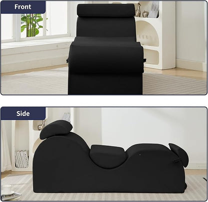 ijuicy Sleek Chaise Lounge Chair for Exercise/Yoga, Indoor Lounger with Headrest, Waist Cushion, Movable Footrest, Side Pockets, Non-Slip Bottom, High Density Sponge, Black