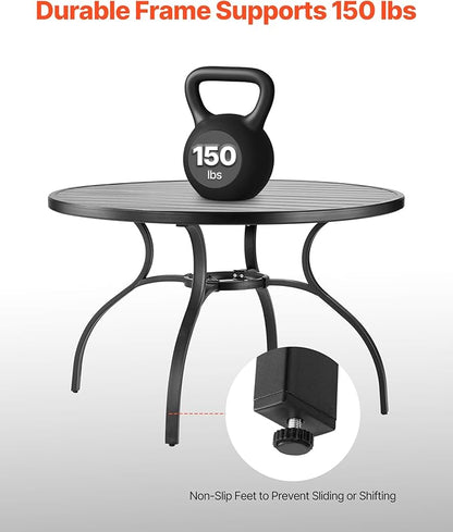 VEVOR Outdoor Patio Dining Table, 47 inch Round Metal Steel Slat Backyard Bistro Tables, with 1.5 in Umbrella Hole, Outside All-Weather Large Furniture for Lawn Garden Porch, Black