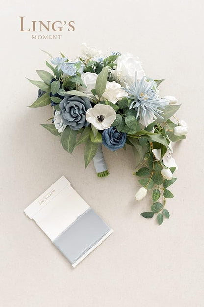 Artificial Flowers Cascade Bridal Bouquet, Dusty Blue Silk with Pearls