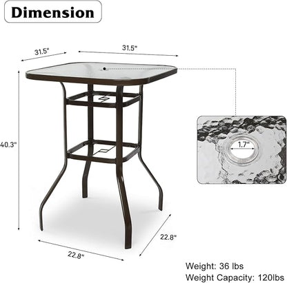 VINGLI Outdoor Bar Table with Umbrella Hole, Metal Patio Bar Height Pub Table for Patio High Top (Brown)