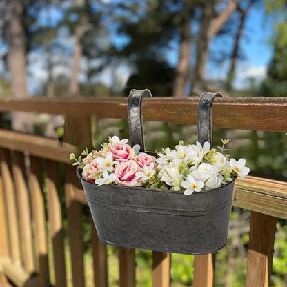 Briful 10'' Hanging Planter Outdoor 5PCS Metal Railing Planter for Herb Flower, Oval Galvanized Buckets with Detachable Hooks, Garden Fence Balcony Windowsill Hanging Pot, Black