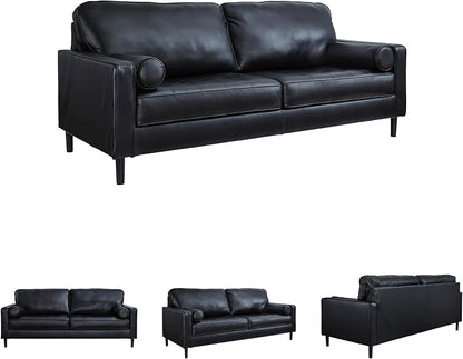 Signature Design by Ashley Bryceview Contemporary Leather Match Tufted Sofa with 2 Bolster Pillows, Black