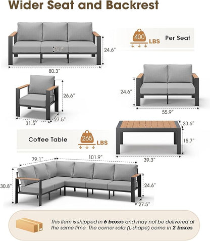 Outdoor Aluminum Patio Furniture Set 11 Seats, Patio Sectional Corner Couch Set with Washable Thick Cushions & Coffee Table, Patio Conversation Sets for Porch, Backyard, Garden, Deck, Gray