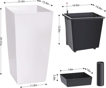 Garvee 30" Tall Planters Set of 2, Outdoor＆Indoor Black Planter Pots, High Front Porch Planter Pots with Drainage Holes＆Water Level Monitor＆Inner Bucket,White