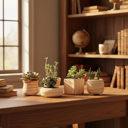 Sun-E 6 in Set 7.6 cm Ceramic Wooden Pattern Succulent Plant Pot Cactus Plant Pot Flower Pot Container Planter Gift Idea
