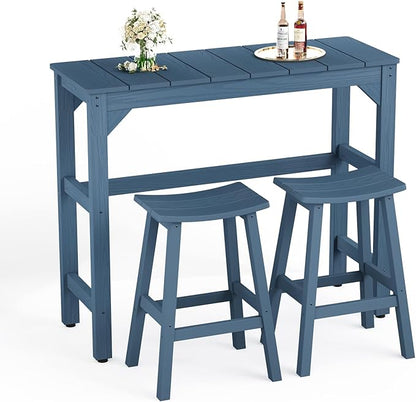 Stoog All-Weather Patio Bar Set, 3-Pieces Outdoor Bar Table and Stools Set, Counter Height Bar Stools Set of 2, Low Maintenance, for Backyard, Garden, Balcony, and Deck, Blue