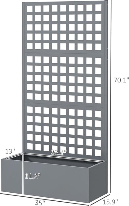 Outsunny Galvanized Raised Garden Bed with Trellis, Metal Planter Box with Drainage Holes, Outdoor Privacy Screen for Climbing Plants, Vegetable, Vines, 35" x 16" x 70", Gray Wood Effect