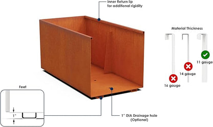 Plantercraft Large Rectangular Planters for Outdoor Plants - 40x16x20 Inch Corten Steel Planter - Extra Large Outdoor Planter Box for Modern Patio, Deck, and Garden Design