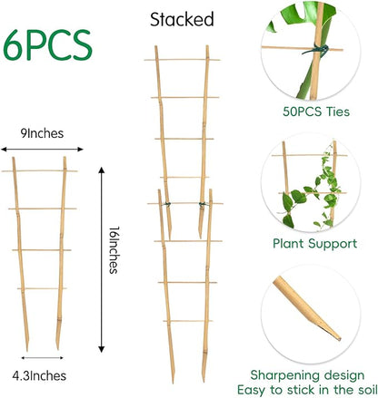 Bamboo Trellis 16" Ladder Vertical Gardening Plant Trellis for Climbing Plants Orchid Monstera and Indoor Potted Plants-6 Pack