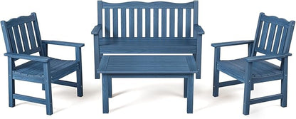 Stoog 4-Piece Patio Furniture Set, All-Weather HIPS Outdoor Dining Set, Includes 1 Bench, 2 Chairs, 1 Coffee Table, Blue