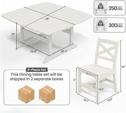 Outdoor Dining Set, HDPE 9-Piece Patio Table and Chairs Set, All-Weather Outdoor Dining Table Set for 8 with Umbrella Hole, Durable Patio Furniture Set with Chairs,White