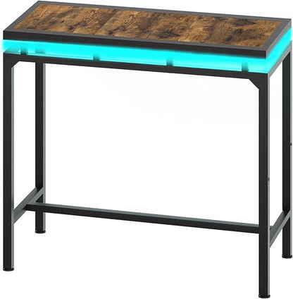 Bar Table with LED Lights, Counter Height Bar Height Table, Pub Gaming Table, Metal Frame, for Living Room, Dining Room, Pub, Rustic Brown and Black BT01DBR
