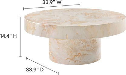 Modway Alora Round Concrete Coffee Table with Faux Stone Finish in Honey Onyx - Cement Accent Table for Living Room - Stone Patio Center Table - Indoor Outdoor 34 Inch Low Coffee Table
