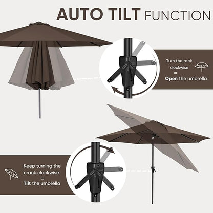 Tempera Patio Market Outdoor Table Umbrella with Auto Tilt and Crank, Large Sun Umbrella with Sturdy Pole & Fade Resistant Canopy, Easy to Set