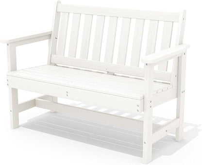 SERWALL Outdoor Bench, HDPE Outdoor Benches Weatherproof, 2-Person Garden Bench with 660 lbs Weight Capacity, Patio Benches for Outdoors, Garden, Porch, Backyard and Park, White