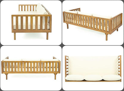 Merax Outdoor 3 Seater Daybed, Acacia Wood Day Bed Couch Sofa with Cushions for Patio Backyard, Garden, Beige