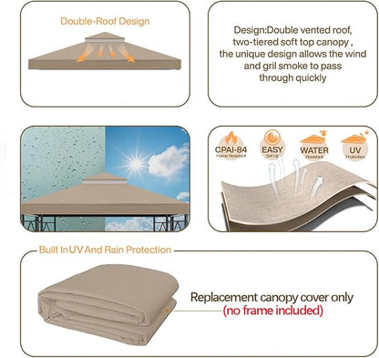 119''x119'' Canopy Replacement Top Double Tiered Gazebo Cover for Yard, Patio & Garden Durable Sunshade Replacement(No Frame)(Khaki)
