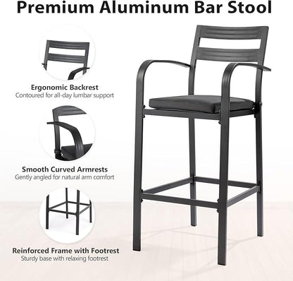 VINGLI Outdoor Bar Stools Set of 2, All-Weather Bar Height Aluminum Stools with 1.6" Thick Cushion, Rust-Proof Patio Chairs for Backyard, Poolside, Balcony & Kitchen Island (Dark Gray)