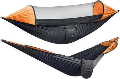 G4Free Large Camping Hammock with Mosquito Net 2 Person Pop-up Parachute Lightweight Hanging Hammocks Tree Straps Swing Bed for Outdoor Backpacking Backyard Hiking
