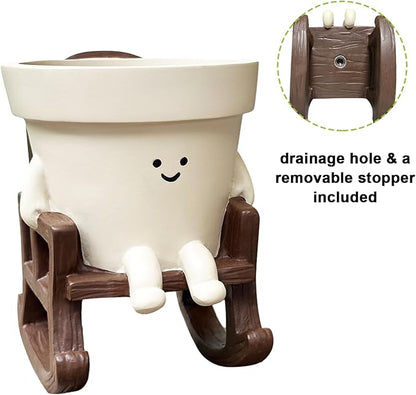 Smiley Face Planter Pot Small, Cute Resin Flower Head Planters for String of Pearls Plant Live Indoor Outdoor Unique Sit Rocking Chair Succulent Pots Gift Ideas for Family Friends with Drainage Hole