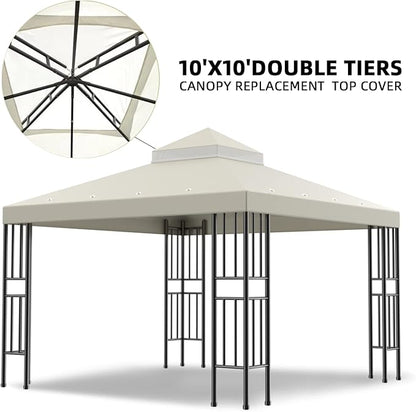Sumfaller 10x10 FT Gazebo Replacement Canopy Top Cover Double Tiered Canopy Top Cover for Patio Garden Outdoor BBQ Roof Cover Grill Shelter (Beige)