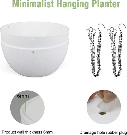 12 inch Large Hanging Planters for Indoor Outdoor Plants, 2 Pack Hanging Flower Pots with Drainage Holes and Chain for Garden Porch, Plastic Hanging Baskets for House Plants, White