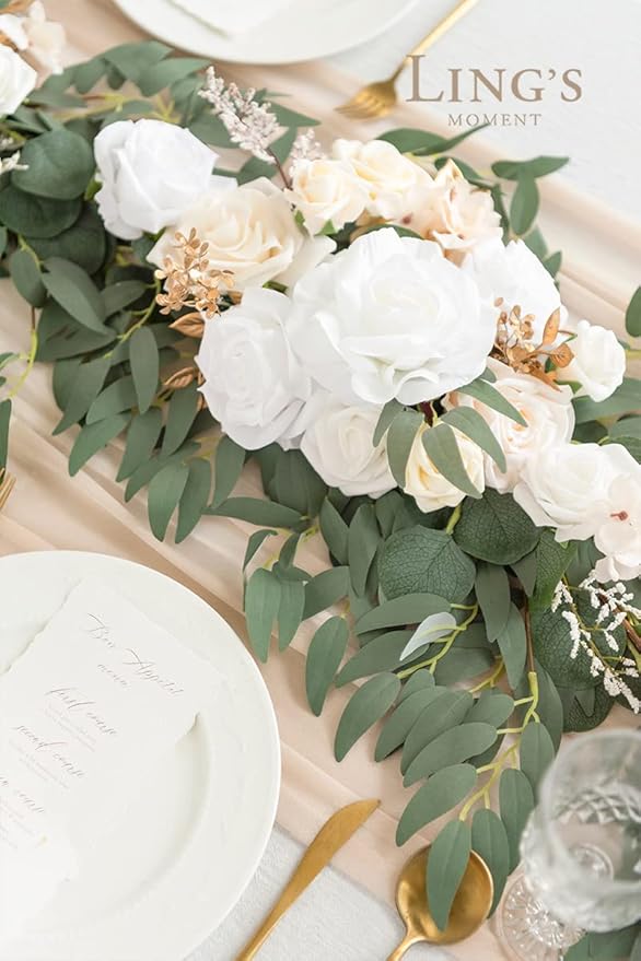 Artificial Flower Garland, 6 Ft Eucalyptus and Willow Leaf, White Beige