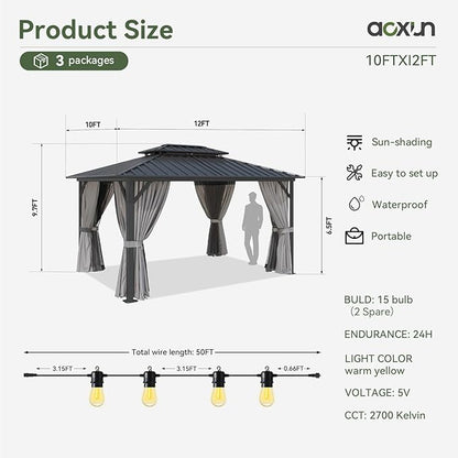 Aoxun 10'x12' Hardtop Gazebo, Aluminum Frame Canopy with Double Galvanized Steel Roof, Outdoor Metal Pavilion with Netting, and LED Outdoor Waterproof Hanging Lights