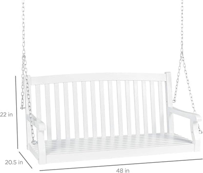 Best Choice Products 48in Wood Porch Swing Outdoor Patio Hanging Bench Chair Furniture for Deck, Garden, Yard w/Mounting Chains, Curved Back Design, 500lb Weight Capacity - White