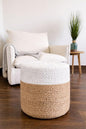 S & L Homes Pouf Ottoman - 100% Jute Braided Footrest Pouf Hand Knitted Traditional Cord Boho Pouffe for Living Room, Bedroom, Nursery, Patio, Lounge Colorblock - Natural Ivory (16”x16”x16”)