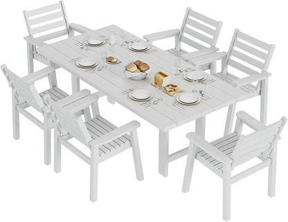 AMERLIFE 7-Piece HDPE Outdoor Dining Set with Umbrella Hole, 71" L Patio Table and Chairs Set for 6, Modern Garden Dining Set for Backyard, Poolside, Seaside, Porch, White