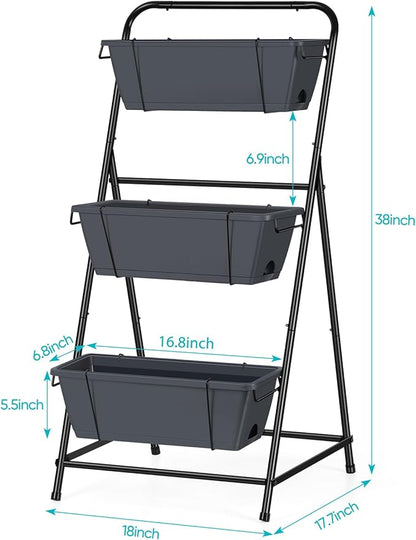Vertical Garden Planter 3 Tier Raised Garden Bed Herb Planter Outdoor Standing Garden Planter Box with Drainage Holes Removable Tray for Patio Balcony Porch Grey