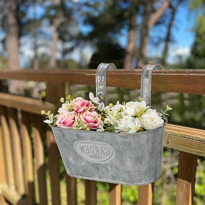 Briful 10'' Hanging Planter Outdoor 5PCS Metal Railing Planter for Herb Flower, Oval Galvanized Buckets with Detachable Hooks, Garden Fence Balcony Windowsill Hanging Pot, Grey