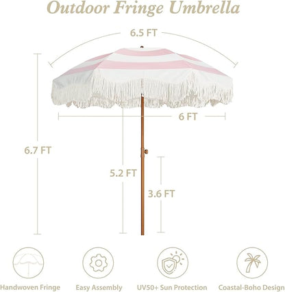 AMMSUN Boho Fringe Umbrella Outdoor Patio, 6.5ft UPF50+ Picnic Umbrella with Tassels with Steel Pole and Push Button Tilt, Pink Stripes