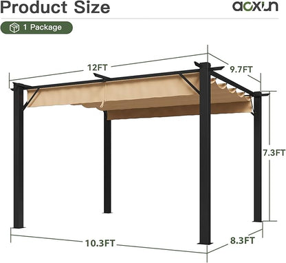 Aoxun 10'x12' Outdoor Pergola, Patio Aluminum Pergola with Upgraded Retractable Canopy, Heavy Duty Metal Pergolas and Gazebos with Adjustable Sun Shade Cover for Modern Backyard, Deck, Garden