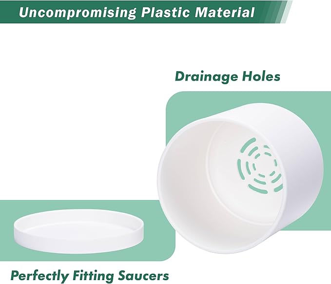 Planters 4 Pack 6.5 Inch Matte White Plastic Pots with Saucers