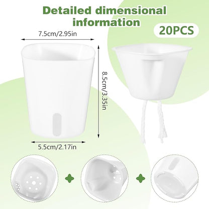 20 Pcs 3 Inch Self Watering Pots for Indoor Plants, White Plastic Self Watering Planters with Wicking Rope Visual Water Level & Vent Holes for Succulents, Flowers Indoor Outdoor