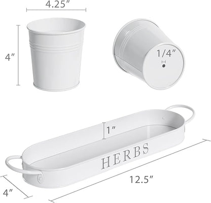 Barnyard Designs Indoor Herb Garden Planter Set with Tray, Metal Windowsill Plant Pots with Drainage for Outdoor or Indoor Plants, Set/3 (White)