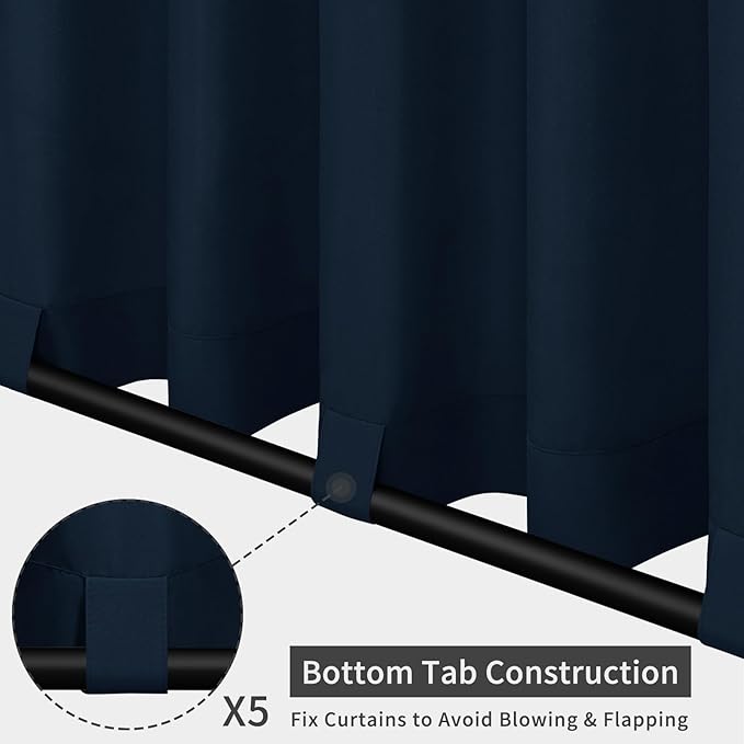 Easy-Going Outdoor Patio Curtains Detachable Tab Top Windproof Weatherproof Curtain for Cabana, Porch, Pergola and Gazebo, Tab Bottom Drape, 2 Panels, 110W x 108L inch, Navy