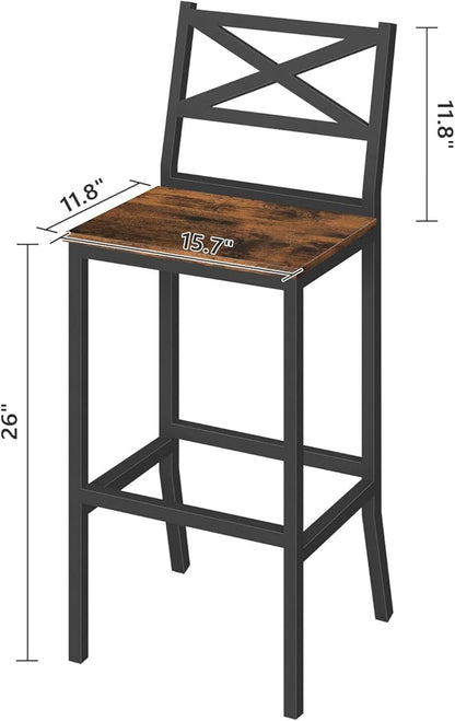 Bar Stools, Set of 2 Bar Chairs with Backrest and Footrest, 26" Tall Counter Bar Stools, Kitchen Breakfast Bar Chairs, Easy Assembly, for Dining Room, Rustic Brown BAHR0901N1