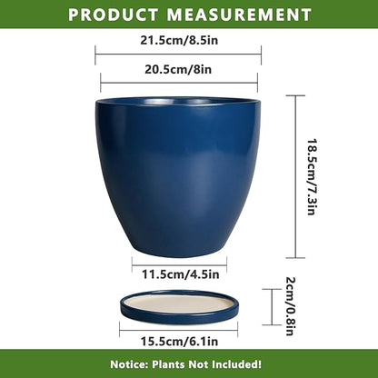 Ceramic Plant Pot - 8 Inch Planter for Indoor Outdoor Plants, Round Flower Pots with Drainage and Tray, Home Office Decor, Blue