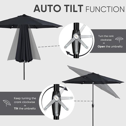 Tempera Patio Market Outdoor Table Umbrella with Auto Tilt and Crank, Large Sun Umbrella with Sturdy Pole & Fade Resistant Canopy, Easy to Set