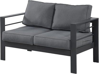 Wisteria Lane Patio Furniture Aluminum Loveseat, All-Weather Outdoor 2 Seats Sofa Couch, Gray Metal Chair with Dark Grey Cushions